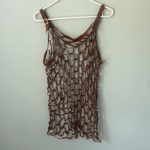 Vintage Boho Hippie Suede Buckle Strap Fishnet Vest Top - Picture 1 of 6